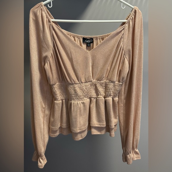 GIGIO Tops - GIGIO size LARGE Tan Smocked Peplum Blouse with long sleeves.  NWT!!
